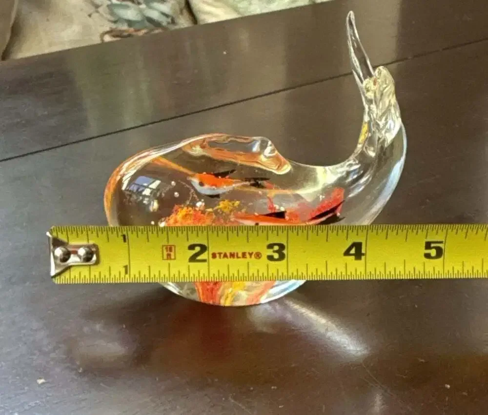 Clear Art Glass Whale Figurine Paperweight with Internal Fish and Reef Detail